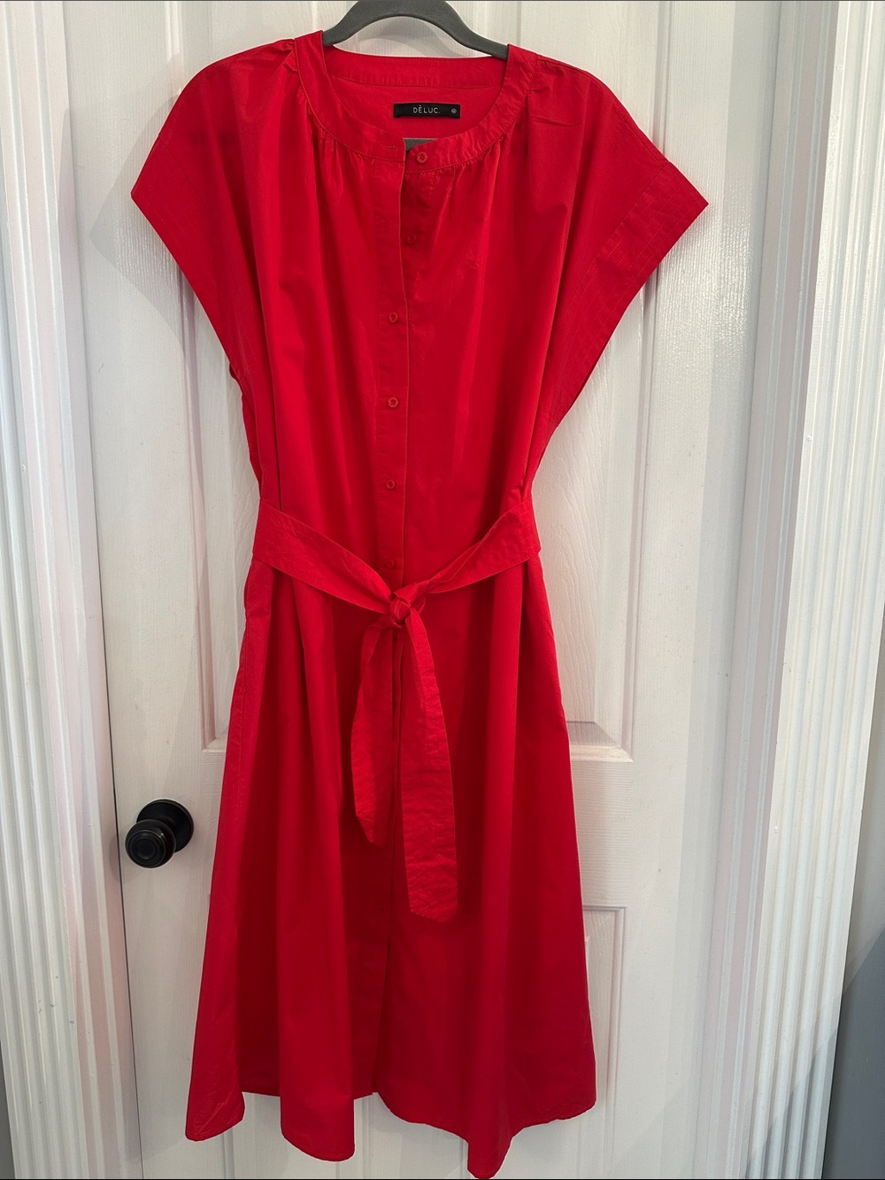 Deluc Red Button-Front Tie-Waist Midi Dress
